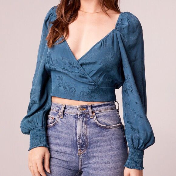 Band of the Free Camille Crossover Crop Top M Small Deep Teal Long Sleeves NWT - Picture 1 of 8
